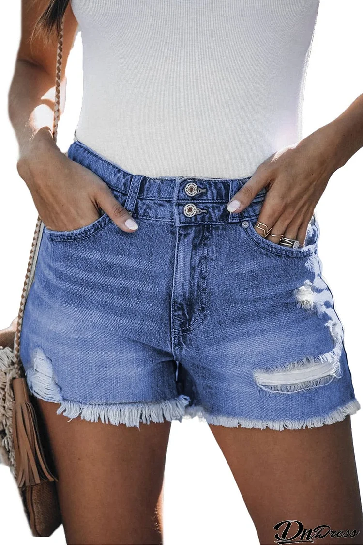 Distressed Raw Hem Buttons Denim Shorts with Pockets