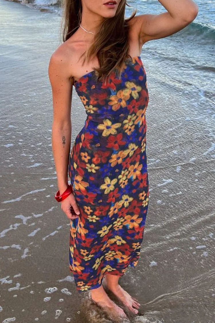Floral Print Slim Fit Midi Tube Dresses-Blue