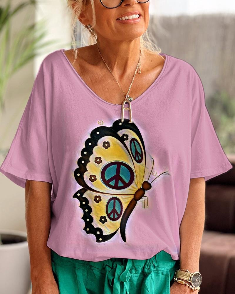Hippie Butterfly Pink V Neck Graphic T-shirt