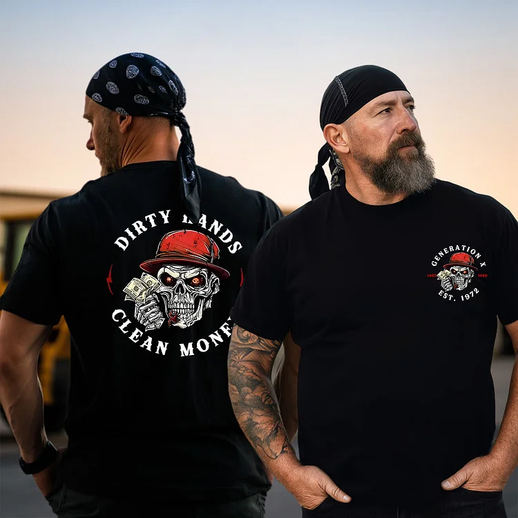  "Dirty Hands Clean Money" Skull Graphic, Ideal for All Seasons, Unisex Cotton, Gen X Custom Year Of Birth T shirt