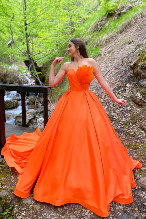 Daisda Orange Feather Sweetheart Sleeveless A-line Prom Dress