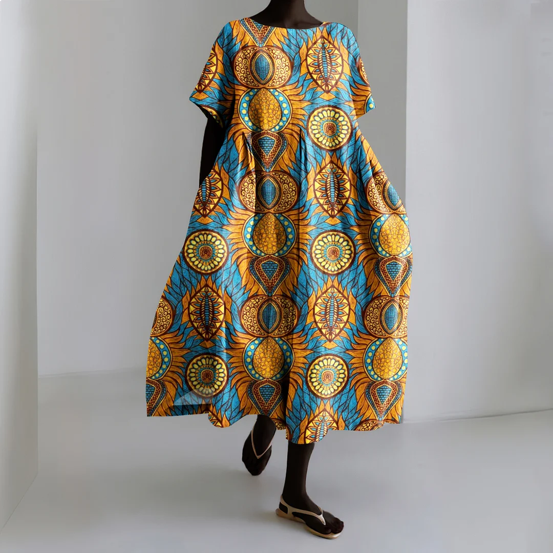 African Geometric Art Print Short Sleeve Midi Dress