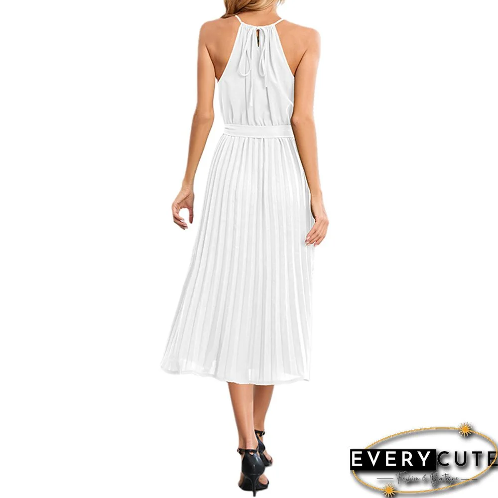 White Spaghetti Strap Tie Waist Pleated Midi Dress