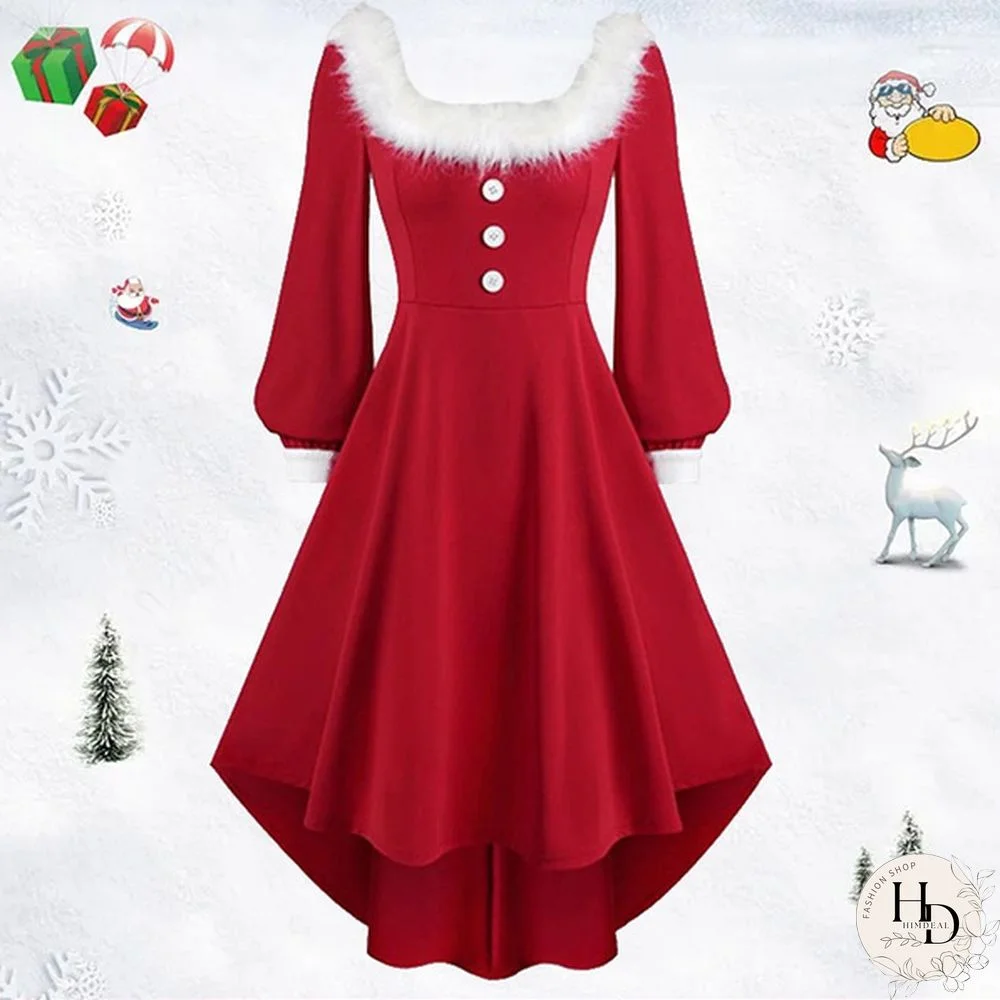 Christmas Party Dress for Women Fur Collar Lantern Sleeve Red High Low Dress