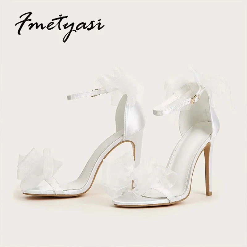 2022 New Satin Women High Heel Sexy Lace Butterfly-knot Buckle Strap Ladies Pump Elegant White Bride Wedding Shoes Plus Size