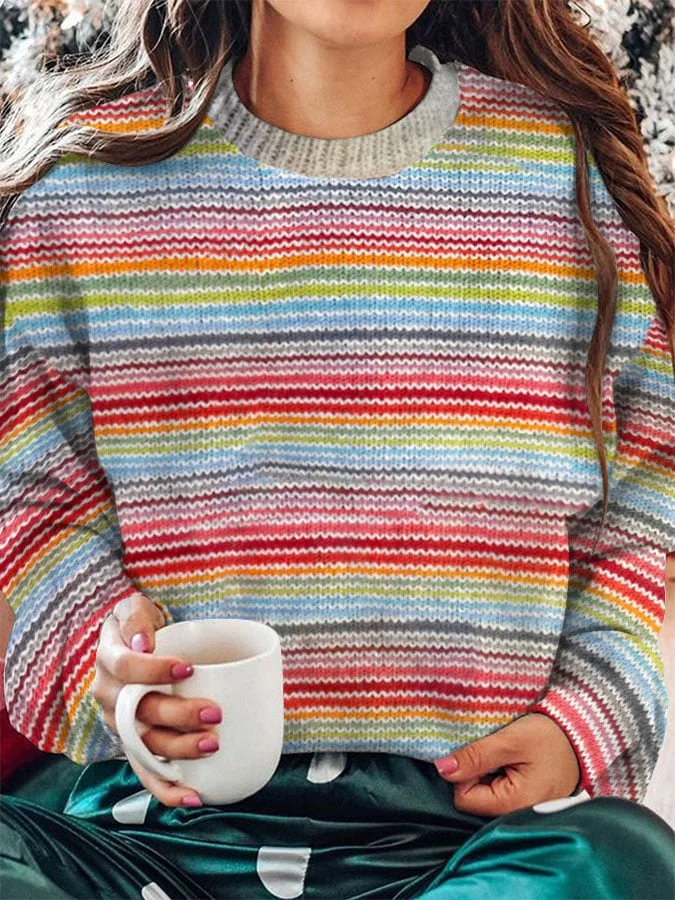Women's striped sweater printed crew neck sweatshirt