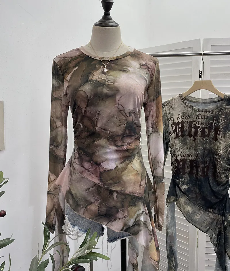 Uveng Real Shooting Babes Long Sleeves And Jersey Net Yarn Dye Printing Irregular Lotus Leaf Edge Ribbon Folding Top 9998