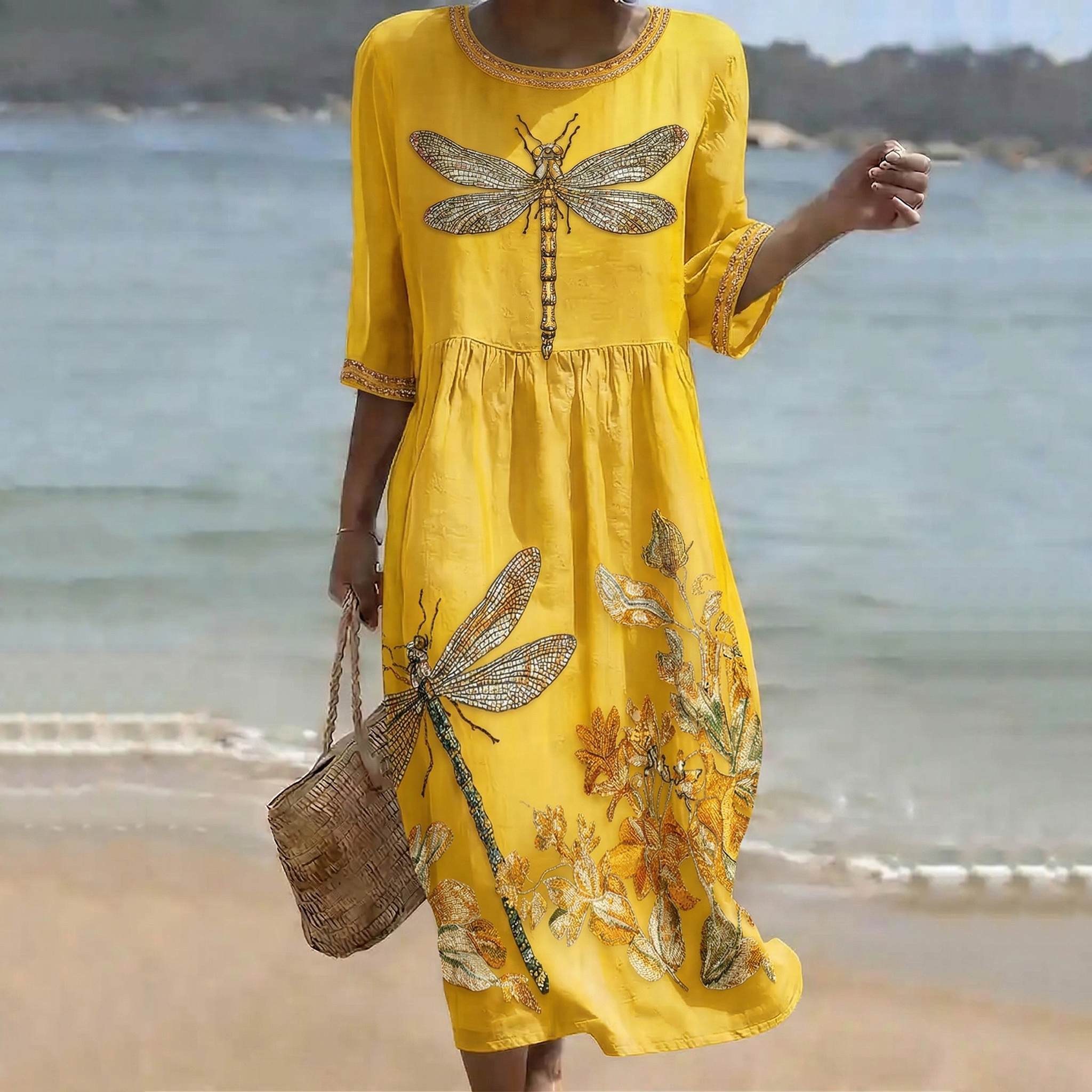 Comstylish Women's Vintage Dragonfly And Floral Art Linen Blend Loose Linen Dress