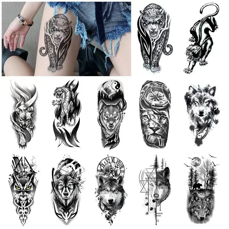 12sheets Lion Tiger Waterproof Tattoo Stickers Men Women Half Arm Calf Water Transfer Fake Tattoo Animal Pattem Temporary Tattoo