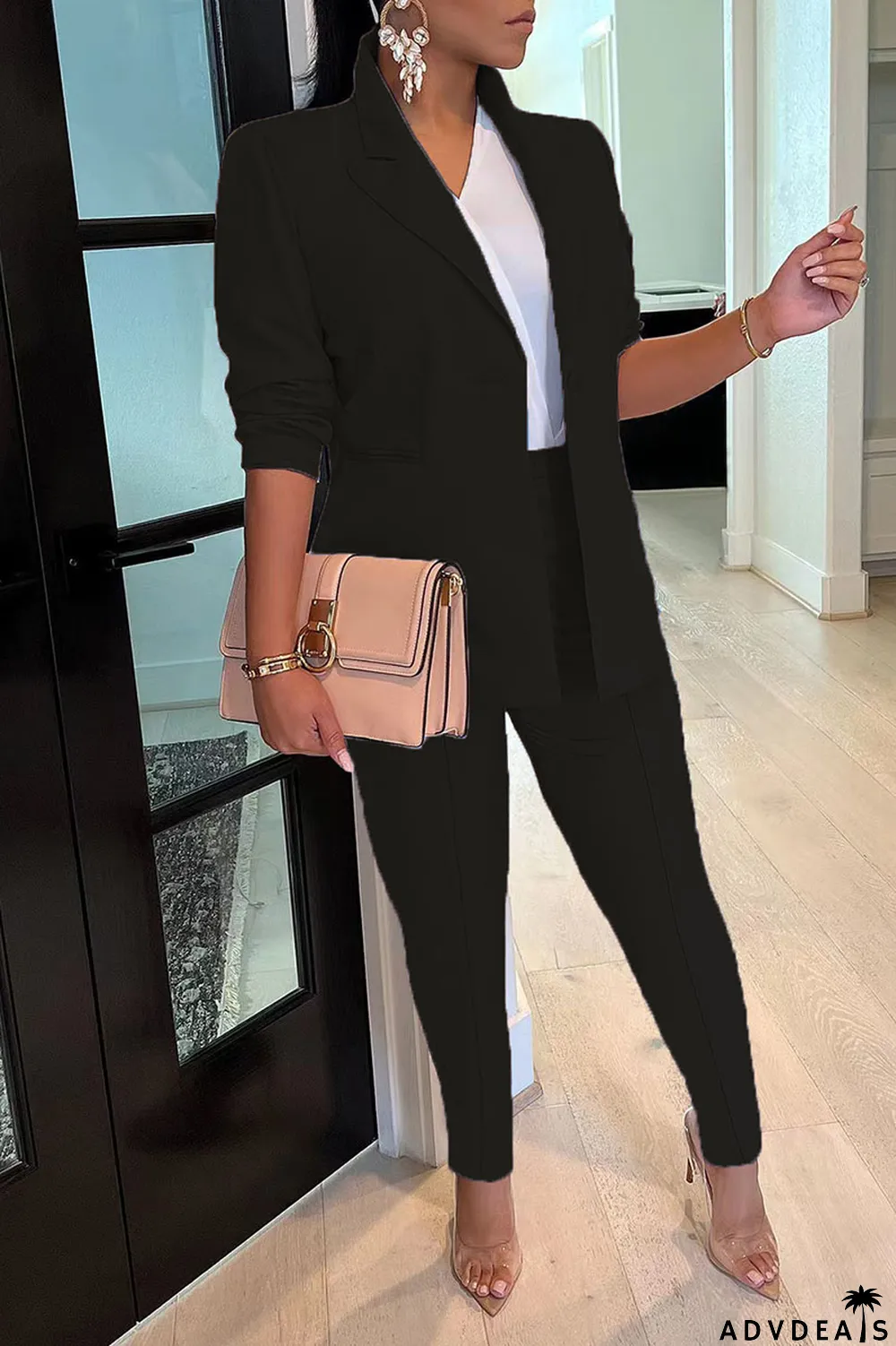 Black Casual Solid Patchwork Turn-back Collar Long Sleeve Two Pieces