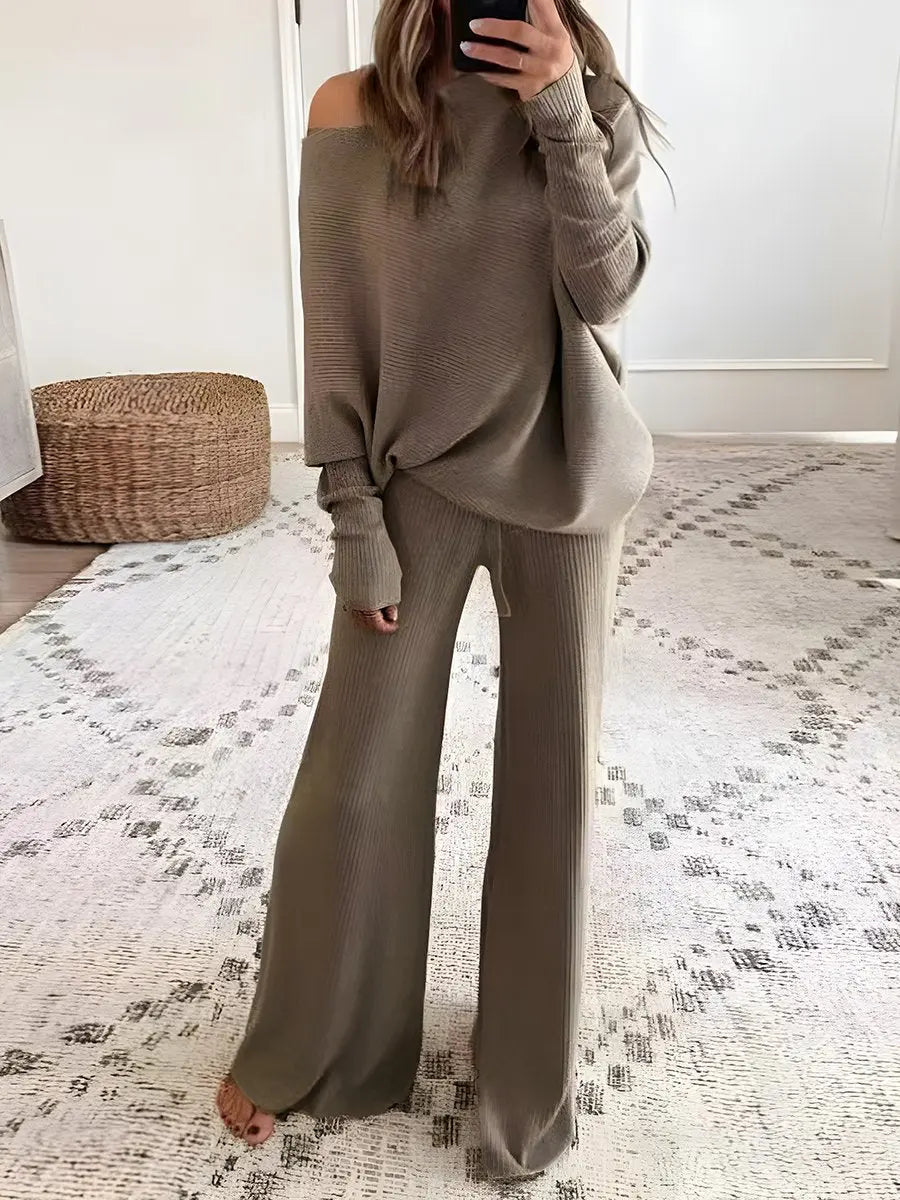 Solid Color One Shoulder Sweater & Wide Leg Pants Sets