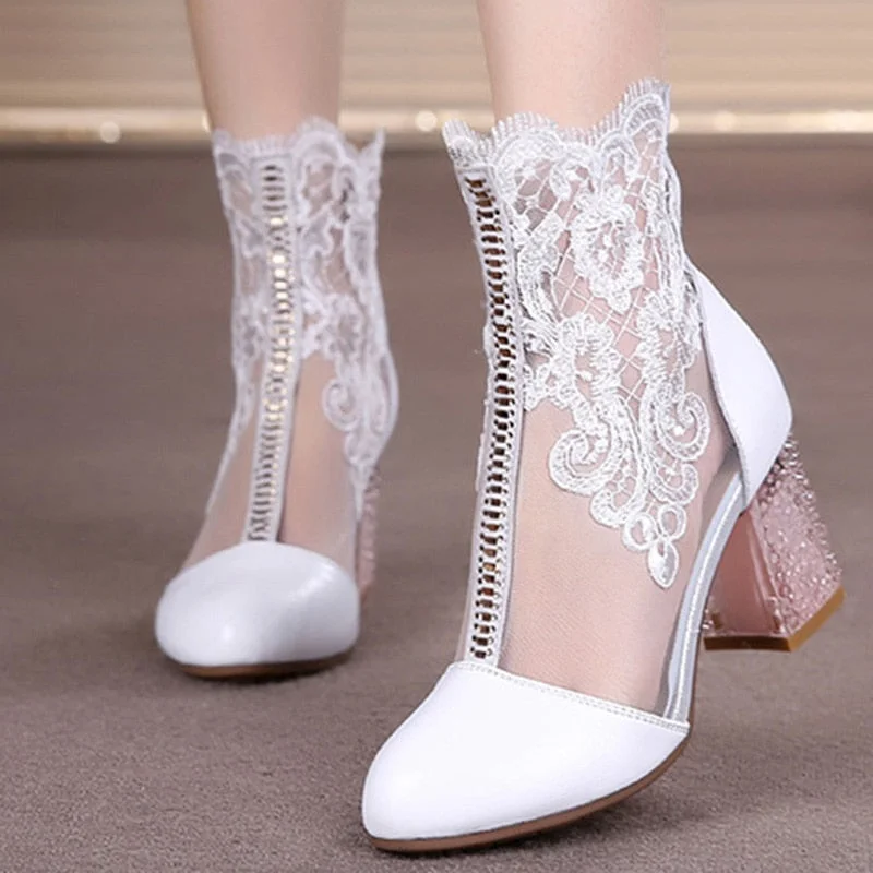 Women's Spring Shoes Ladies Lace Genuine Leather Fashion Boots Female High Heels Round Toe Mid Calf Women Boots Shoes Plus Size
