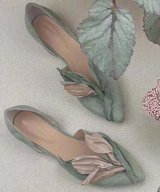 Handmade Green Satins Flower Pointed Toe Flat Shoes