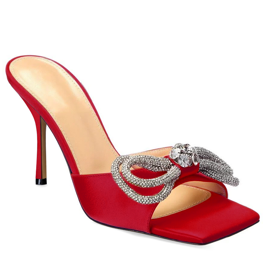 90mm Women's Heeled Sandals Square Open Toe Double Bow Satin Mules Heels Slip on Stilettos