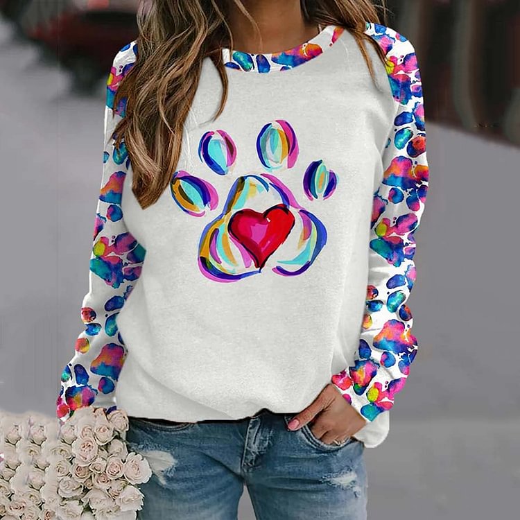 Comstylish Smudged Dog Paw Heart Print Sweatshirt
