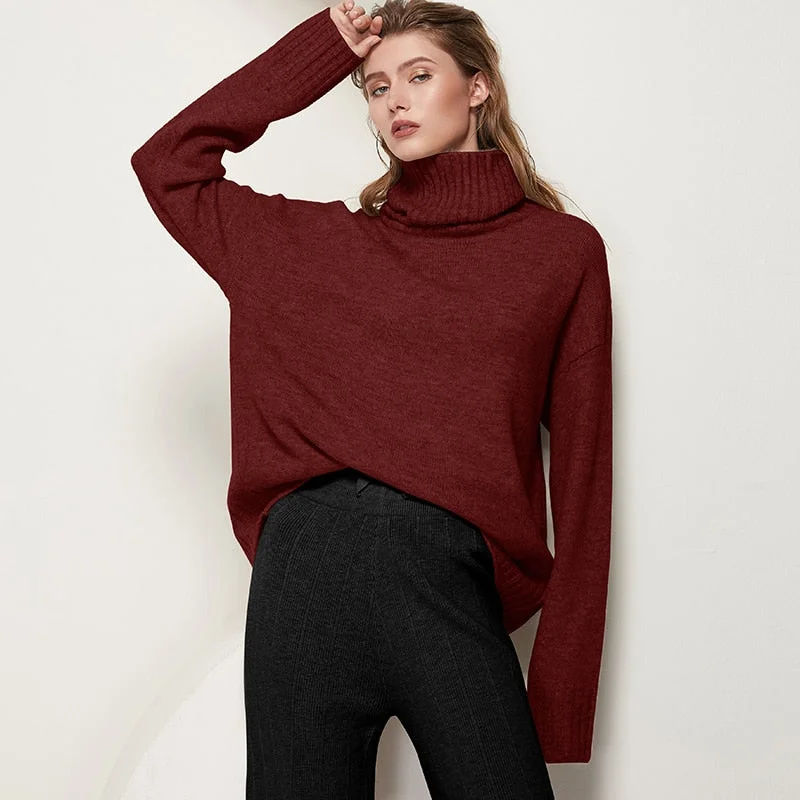 Aachoae Women Autumn Winter Knitted Turtleneck Cashmere Sweater Female Spring Autumn Pullover Jumper Sweaters Casual Loose Tops