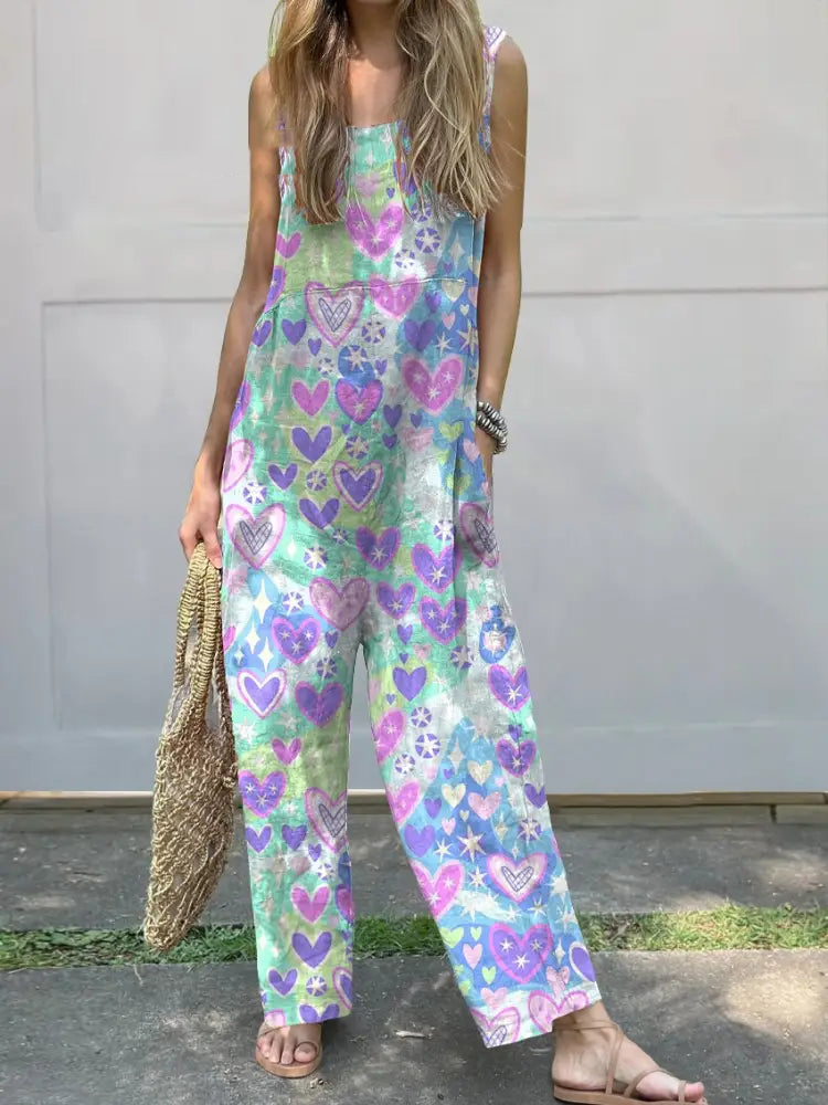 Retro Style Hearts Pattern Printed Women's Casual 100% Cotton Wide Leg Jumpsuit