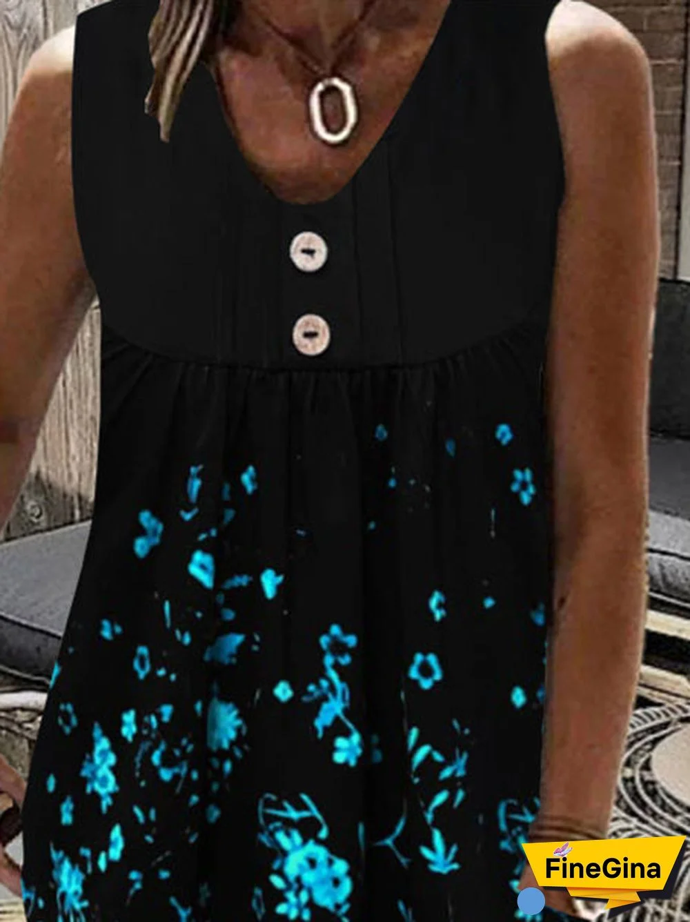 Women's Black V-Neck Sleeveless Floral Printed Midi Dress