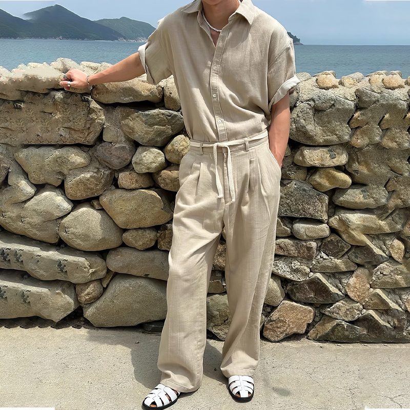Men's Linen Lapel Short Sleeve Shirt Loose Casual Pants Set