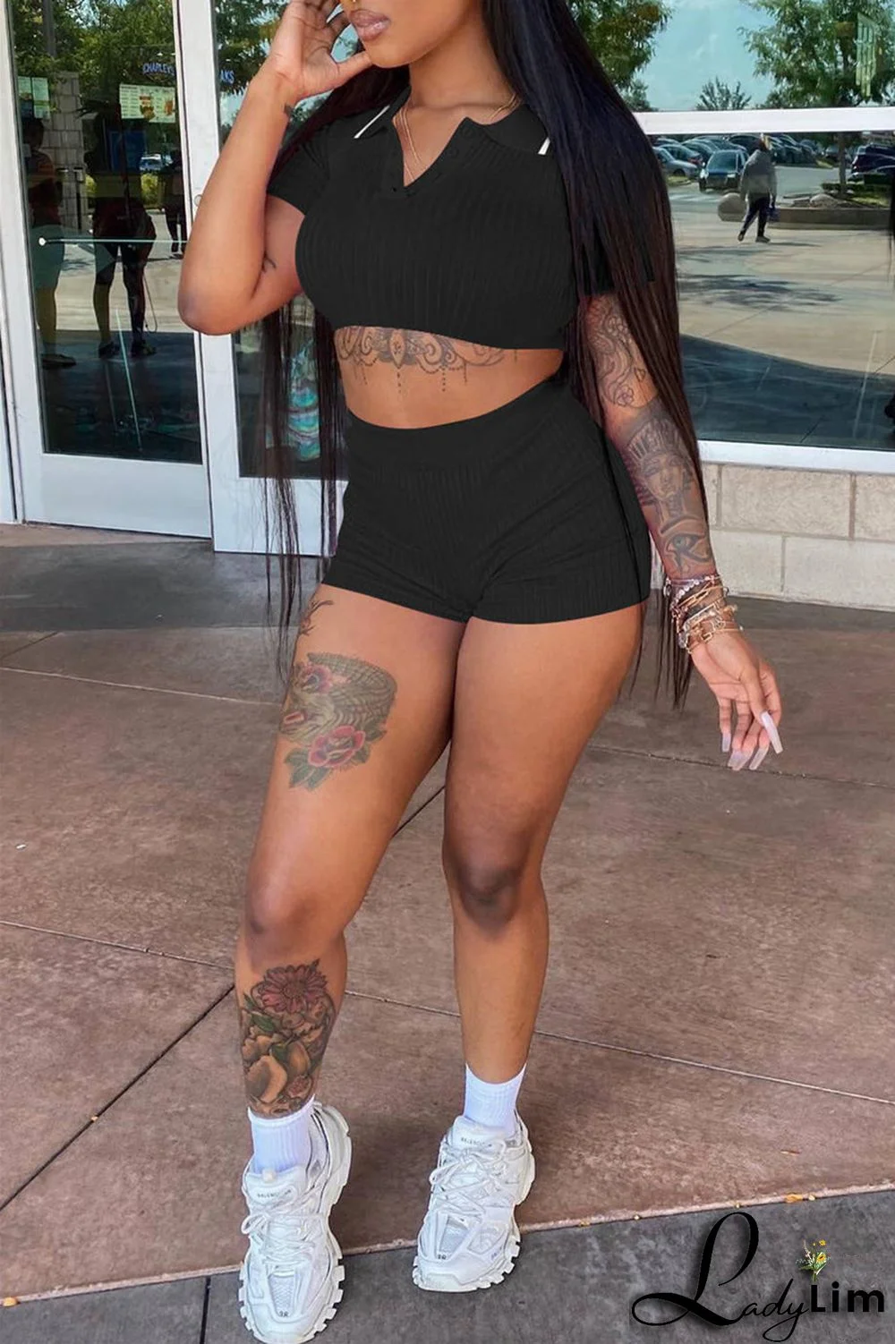 Black Fashion Casual Solid Basic Turndown Collar Short Sleeve Two Pieces