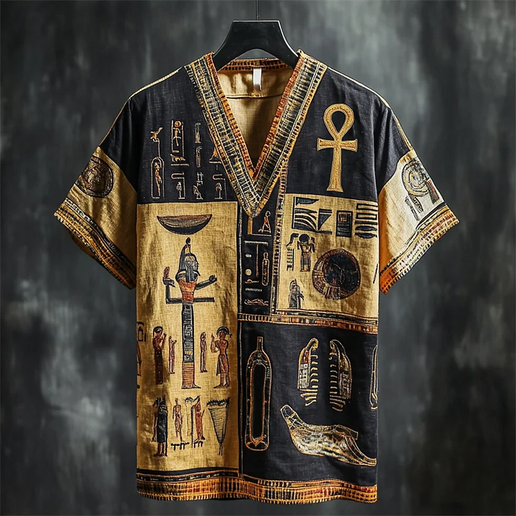 Ankh Ancient Egyptian Colorblock Embroidered Linen Shirt