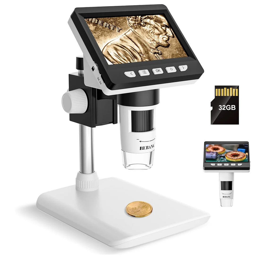 BEBANG 4.3" Coin Microscope 1000X, 1080p LCD Digital Microscope for Adults, Coin Magnifier with 8 LED Lights, Windows MacOS Compatible, 32GB