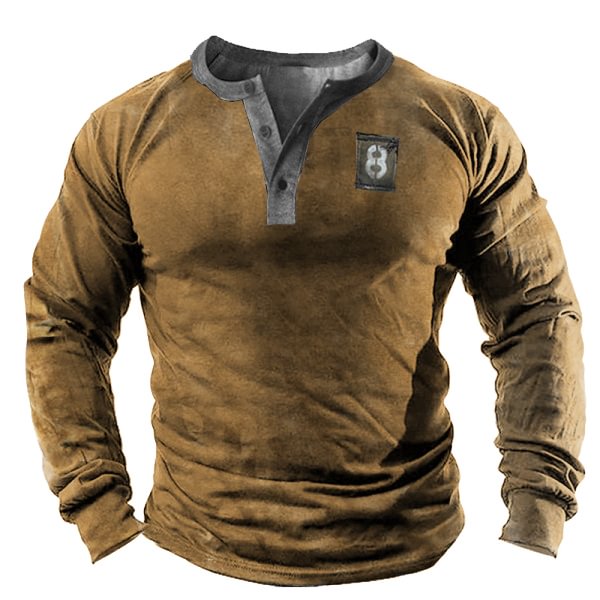 Military Number 8 Men's Retro Outdoor Henley Button Collar Tactical Sweatshirt