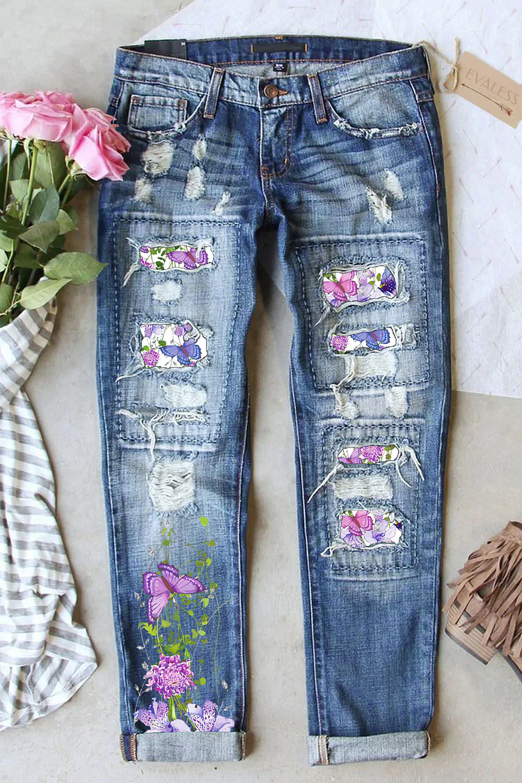 PURPLE FLORAL BUTTERFLY RIPPED DENIM JEANS