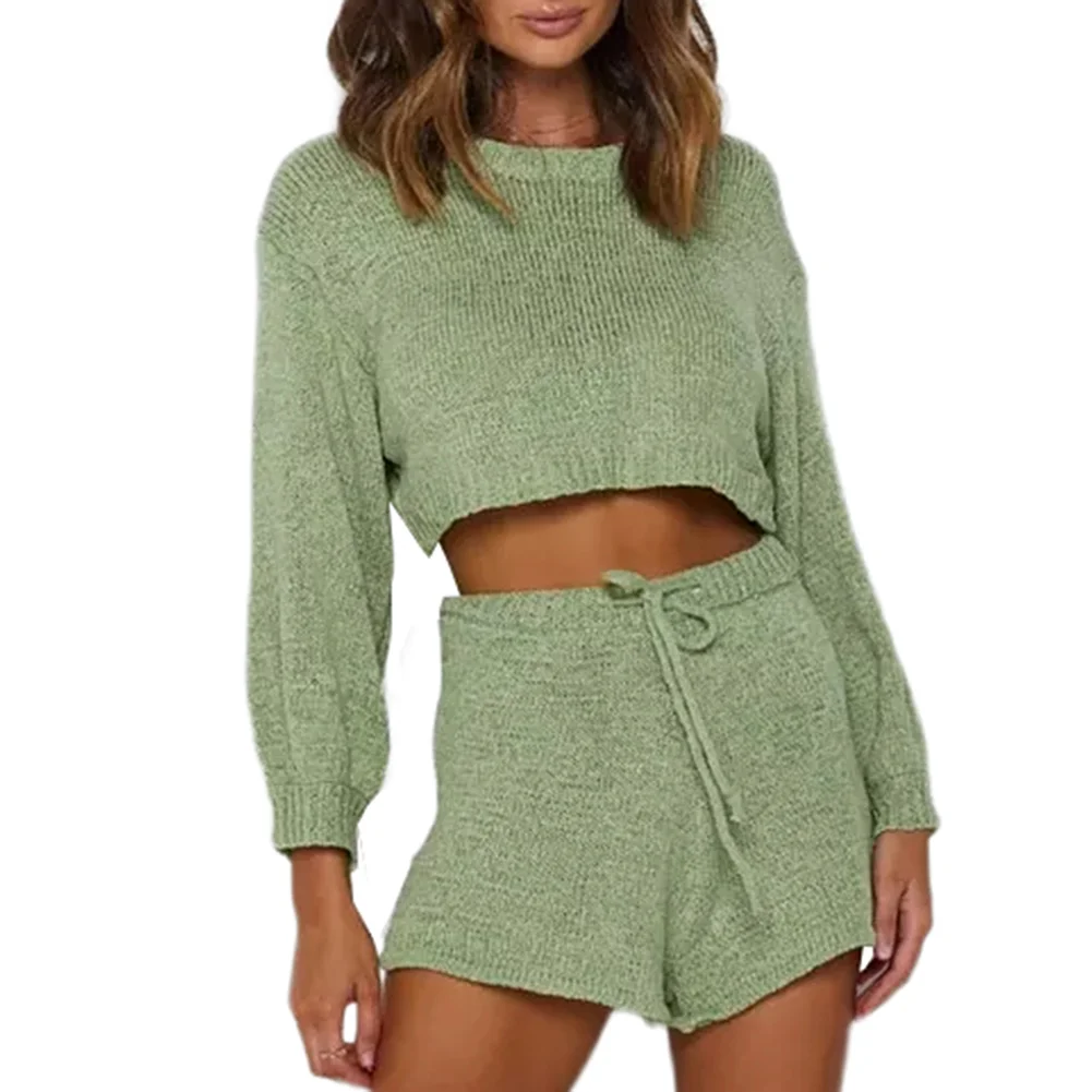 Green Sports Crop Sweater and Shorts Lounge Set