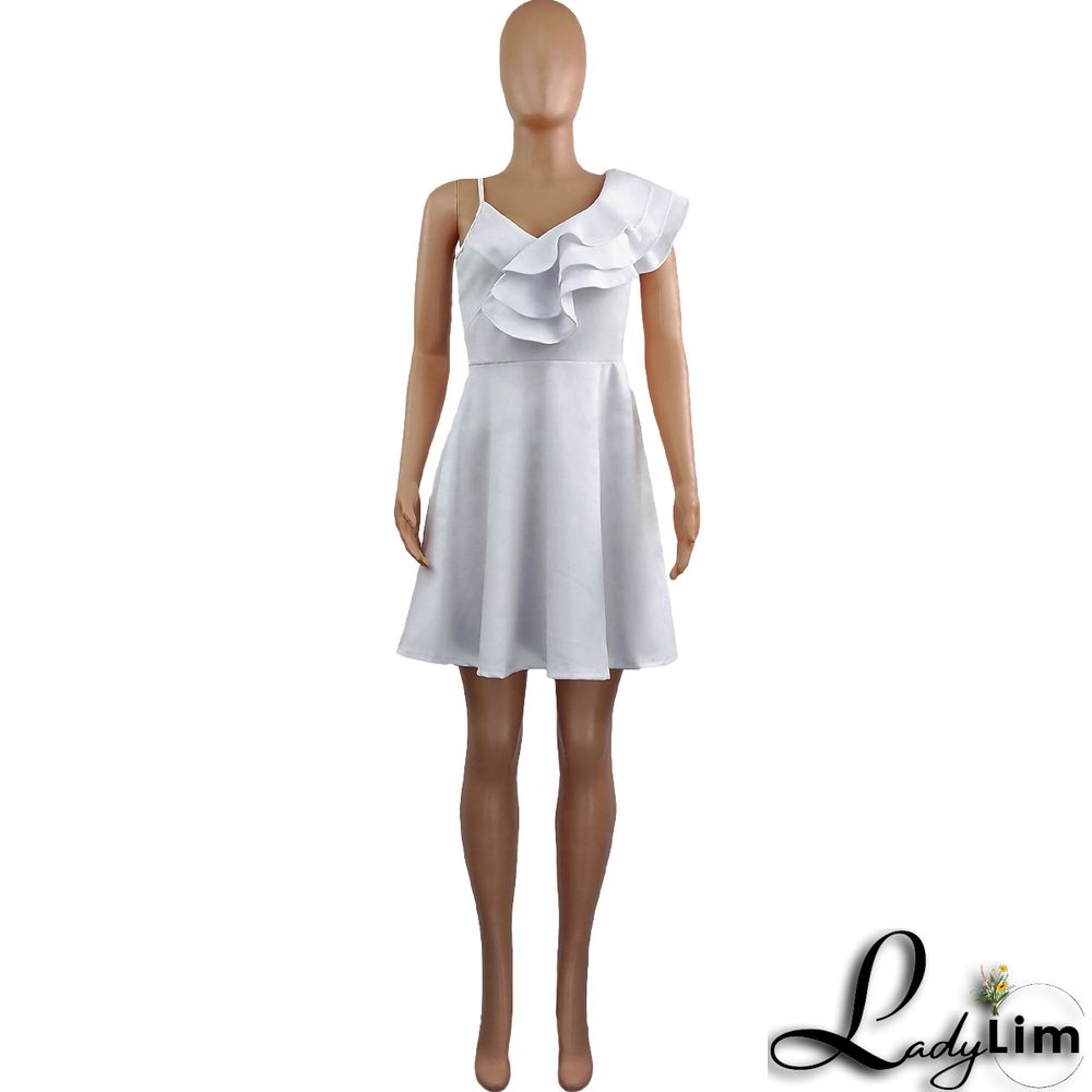 Women's Summer Solid Color Sexy Low Back Ruffle Strap Dress