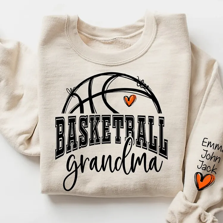Personalized Basketball Grandma Sweatshirt, Custom Basketball Grandma Shirt, Grandkids Names on Sleeve Sports Gift for Gigi