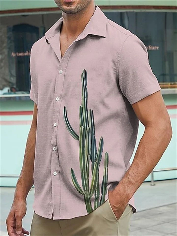 Men's Short Sleeve Shirt Cactus 3D Print White Khaki Pink Blue-Cosfine