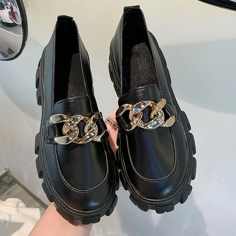 Lourdasprec 2022 Female Shoes Women Fashion Mary Janes Round Toe Metal Loafers Oxfords Shoes Casual Ladies Heels Sneakers Shoes For Women