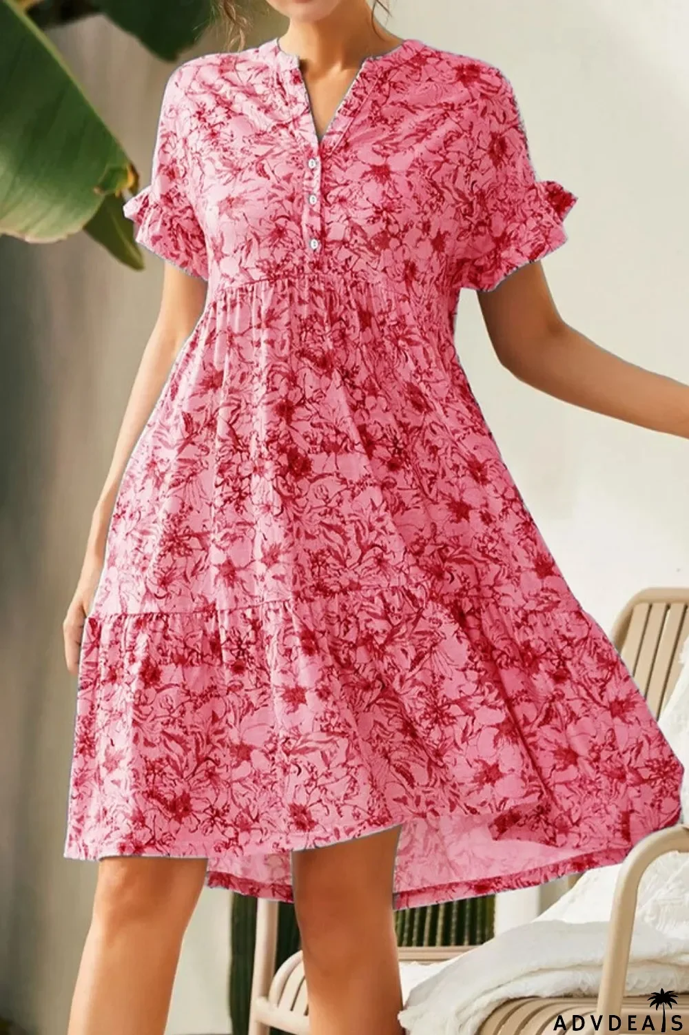 Deep V Neck Button Print Loose Bell Sleeve A-Line Casual Dress