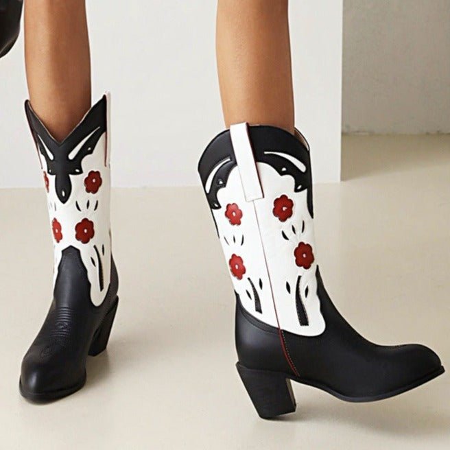 Black white patchwork flower embroidery mid calf cowboy boots Chunky block heels western boots