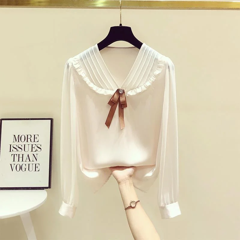 Jangj Spring Summer Bow Chiffon Shirts Long-sleeved V-neck Solid Blouse Korean Fashion Chic Ladies Casual Shirts for Female