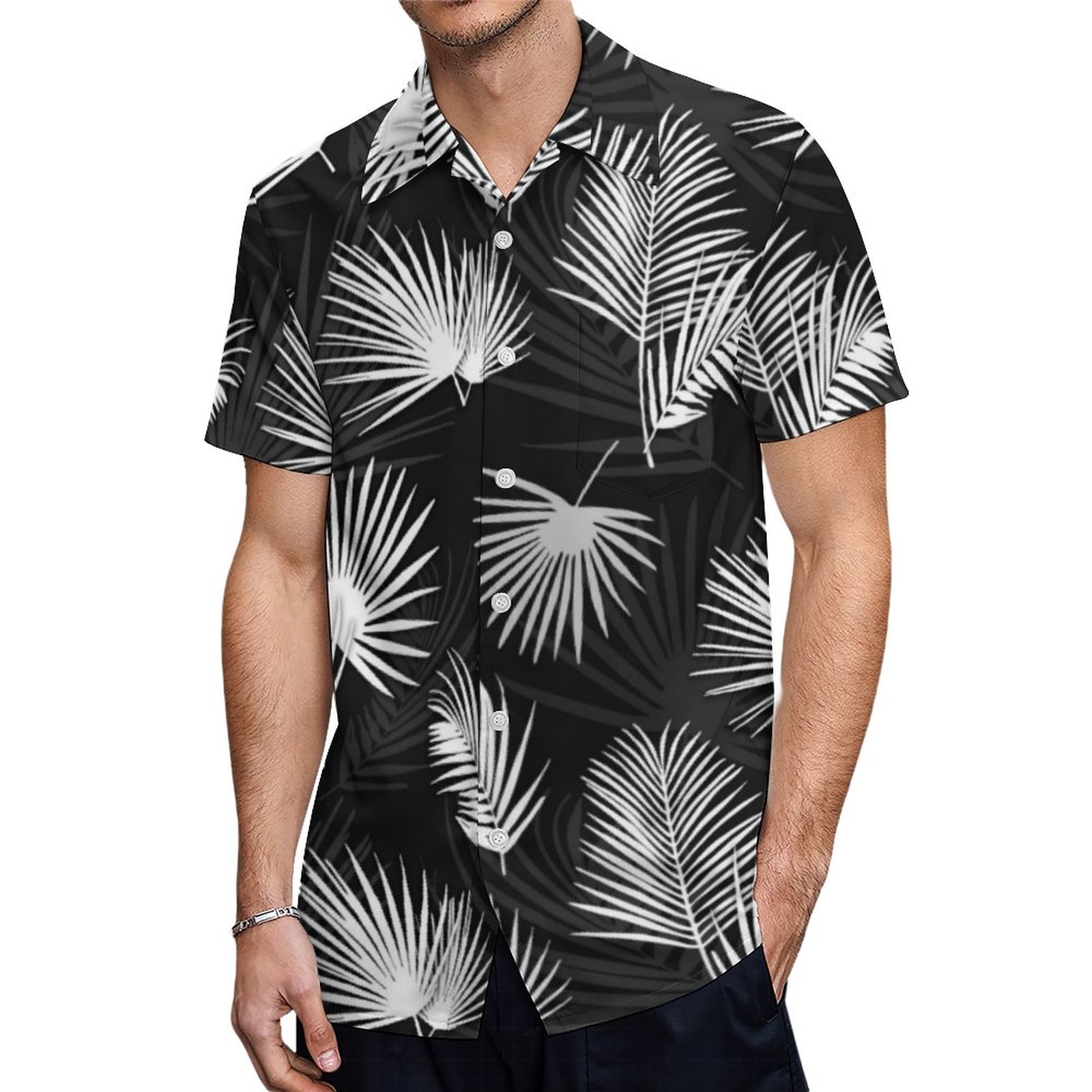 Tropical Fan Palm Leaves Pattern Black White Hawaiian Shirt Mens Button Down Tropical Hawaii Beach Shirts