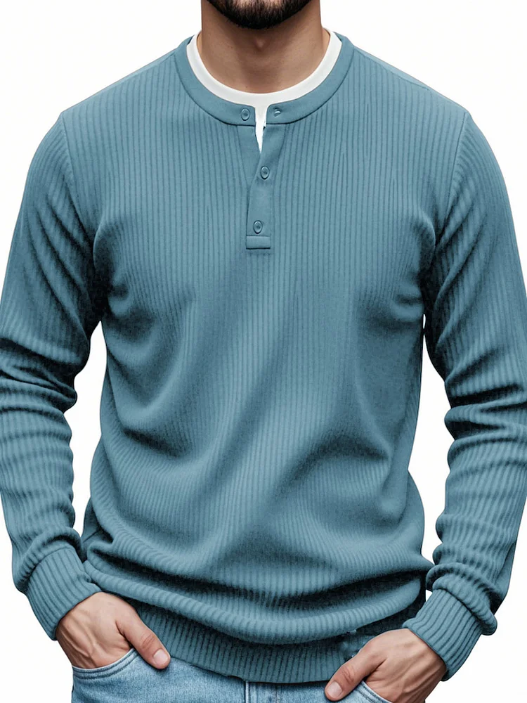  Men's Fashion Casual Retro Ribbed Fabric Long Sleeve Henley Shirt