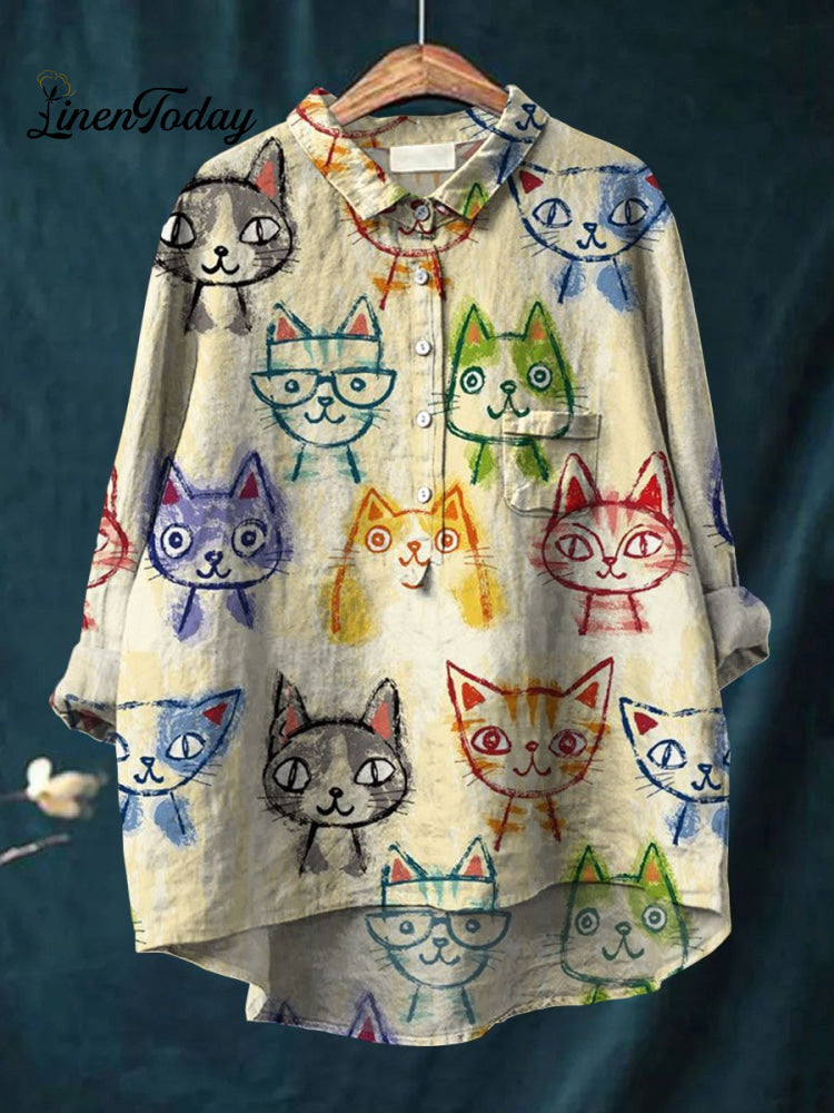 Women’s Cute Cat Art Print Casual Cotton And Linen Shirt Top1 / S