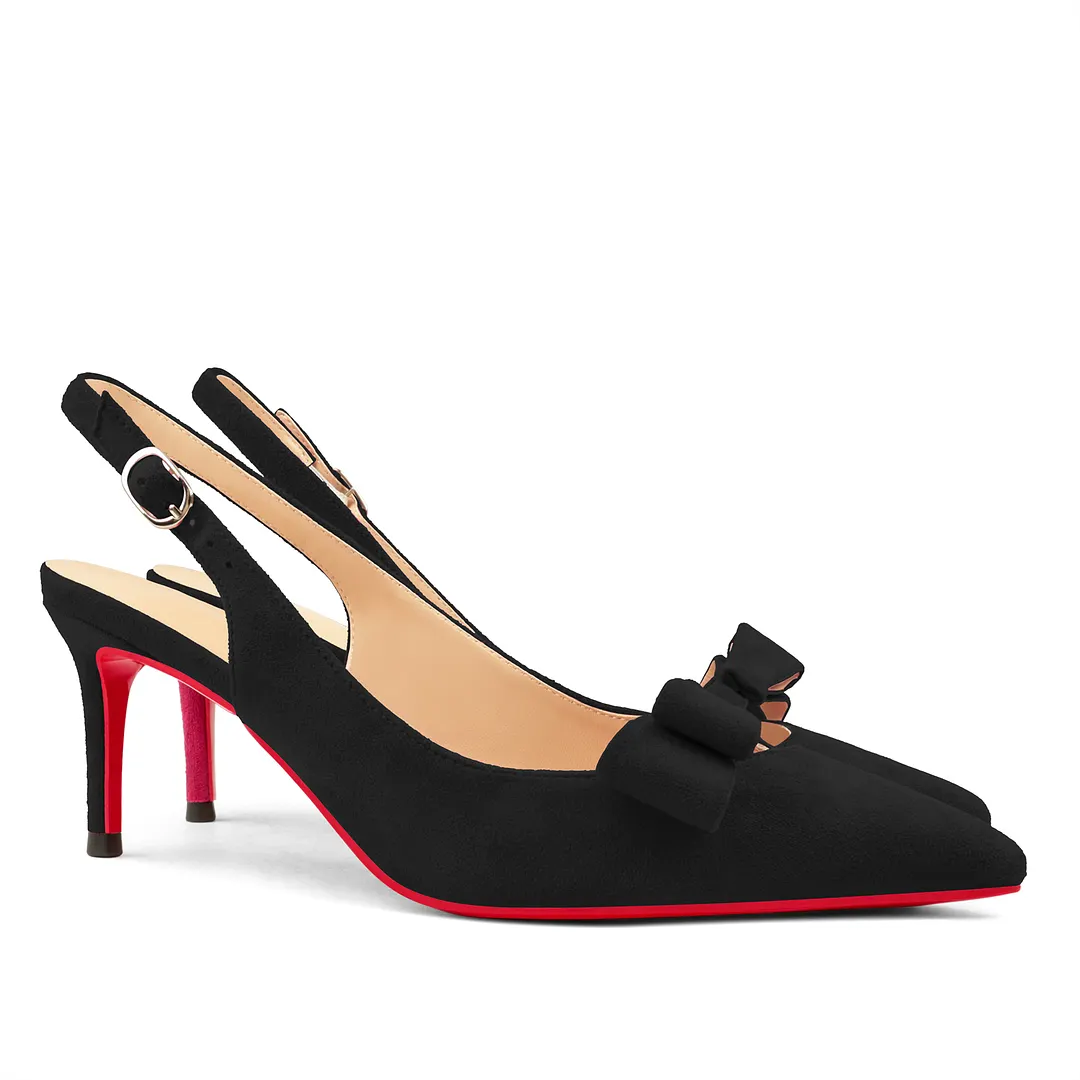 65mm Women's Pointed Toe With Bows Kitten Stillettos Slingback Red Bottoms Prom Suede Sandals-vocosishoes