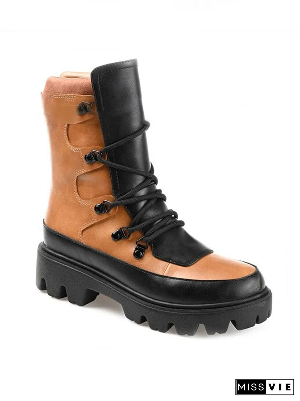 Vintage Contrast Lace-Up Tall Chunky Heel Outdoor Boots