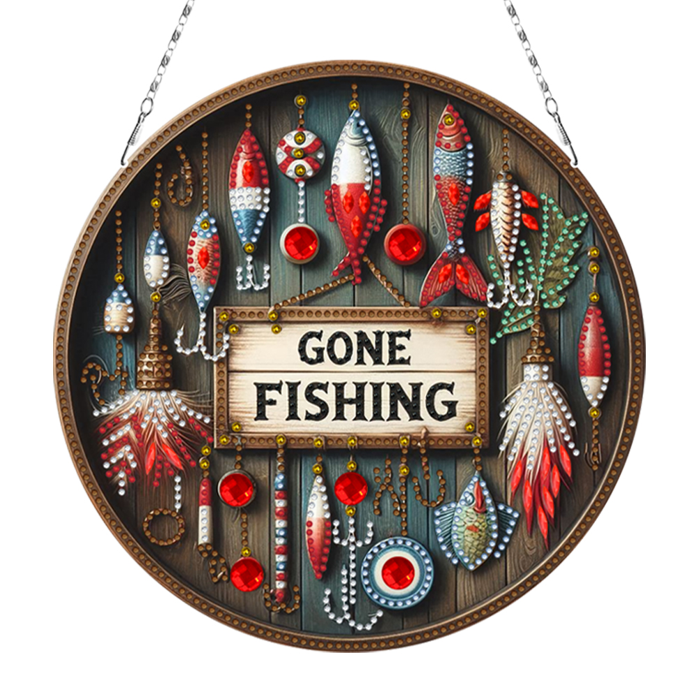 Outdoor Fishing 5D DIY Diamond Painting Dots Pendant Door Sign for Wall Window