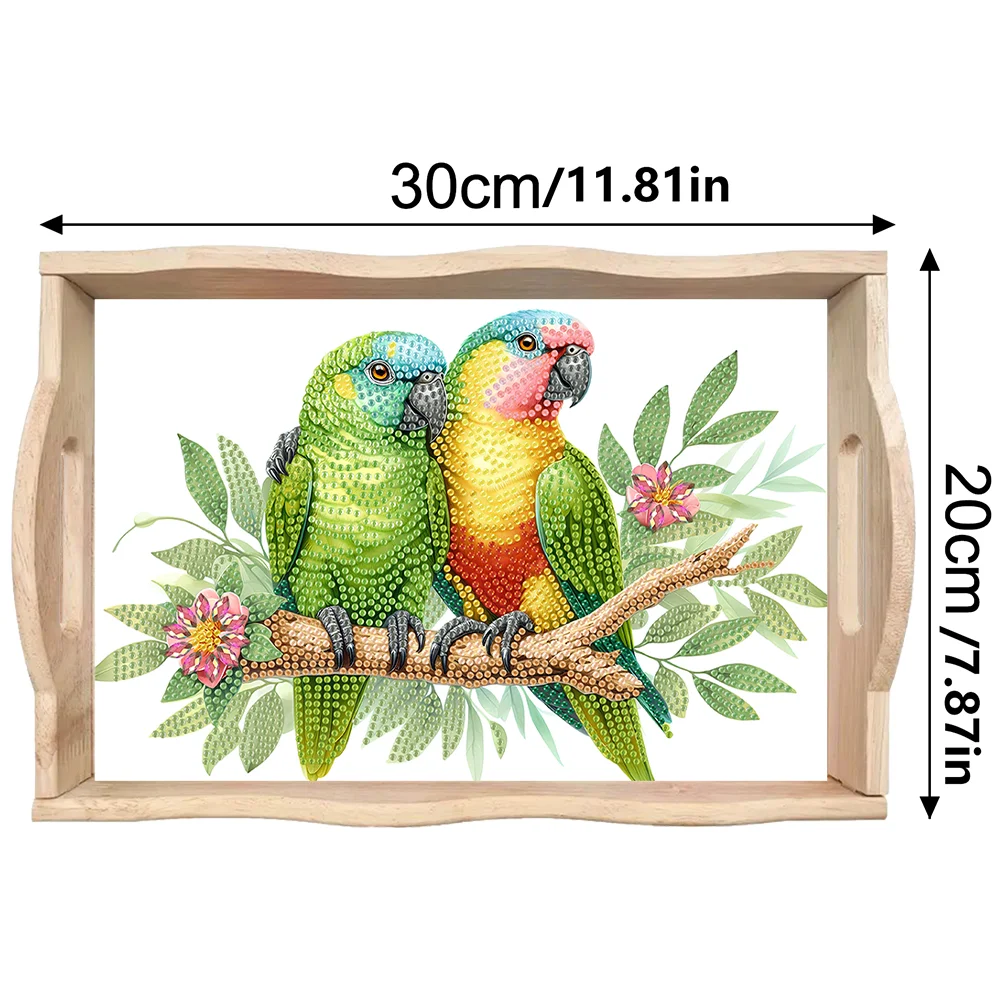 5D DIY Flower Parrot Diamond Painting Wooden Serving Tray with Handle for Desk