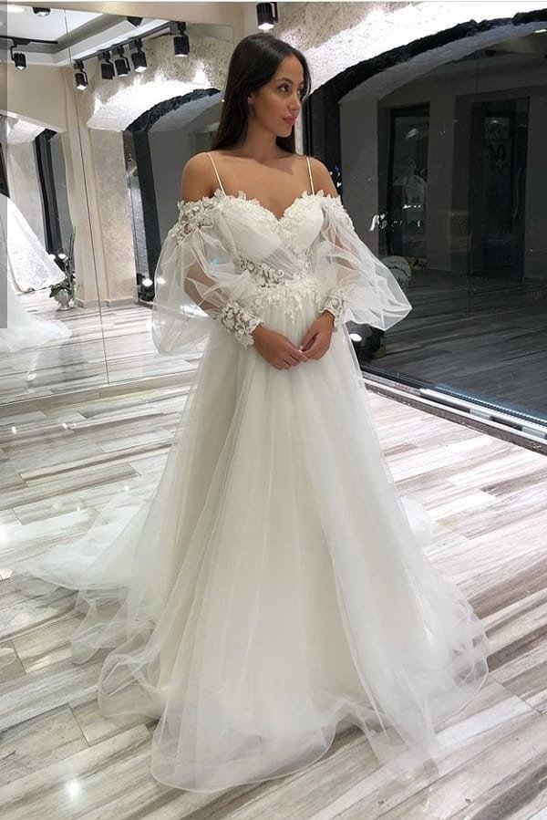 Elegant Off-the-Shoulder Long Sleeves Spaghetti-Straps A-Line Wedding Dress Tulle With Appliques Lace | Ballbellas Ballbellas