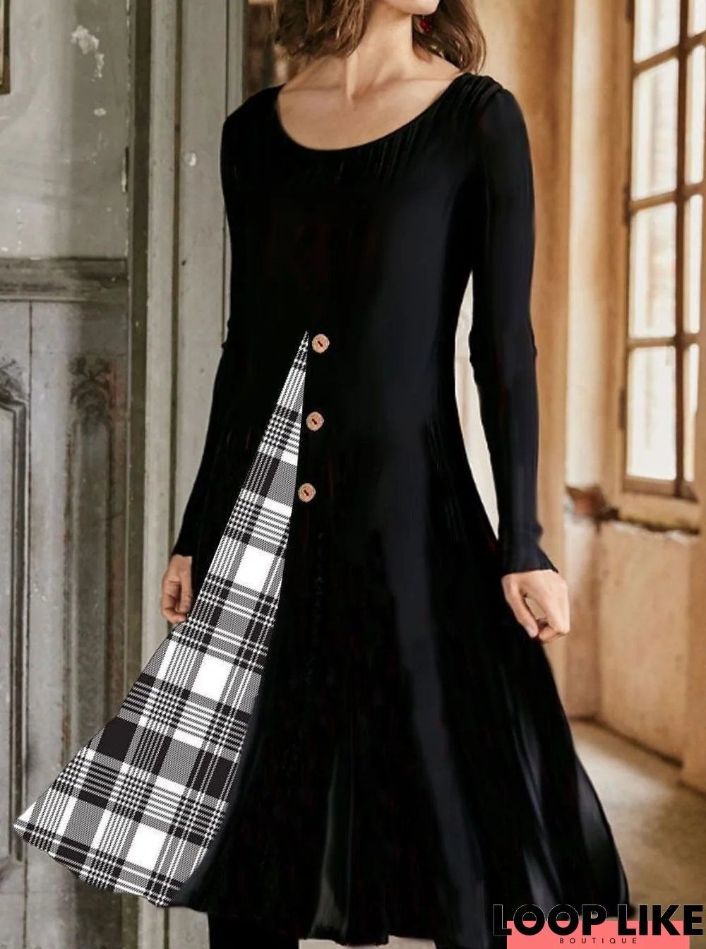 Check Print Fashion Round Neck Casual Long Sleeve Shift Dress Black Dresses