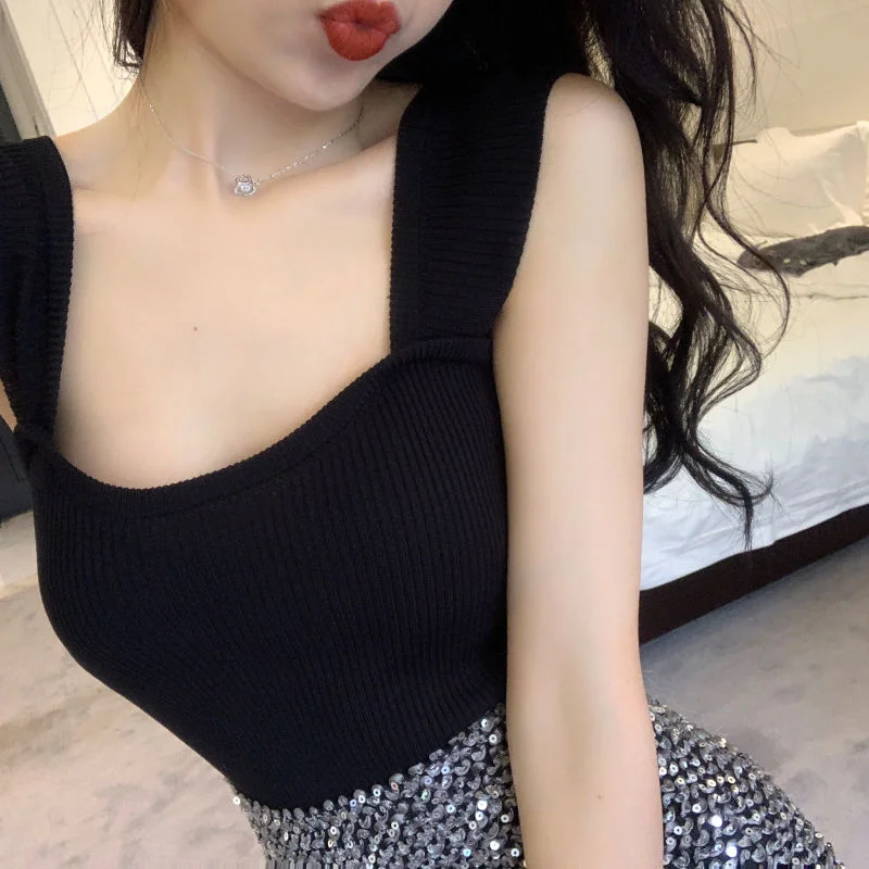 Tanks Tops Women Summer Solid Chic Sexy Daily Outwear Crop Top Camisoles Womens Knitted Basic Ulzzang All-match Sleeveless Tees
