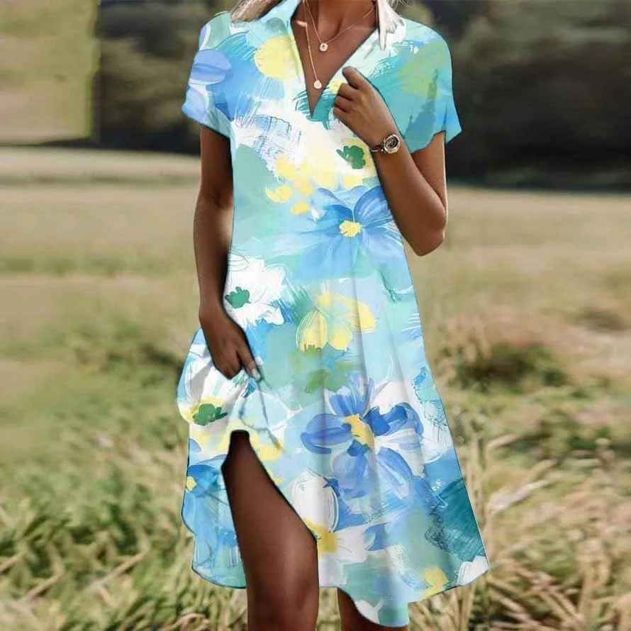 Women Half Sleeve V-neck Solid Color Dress