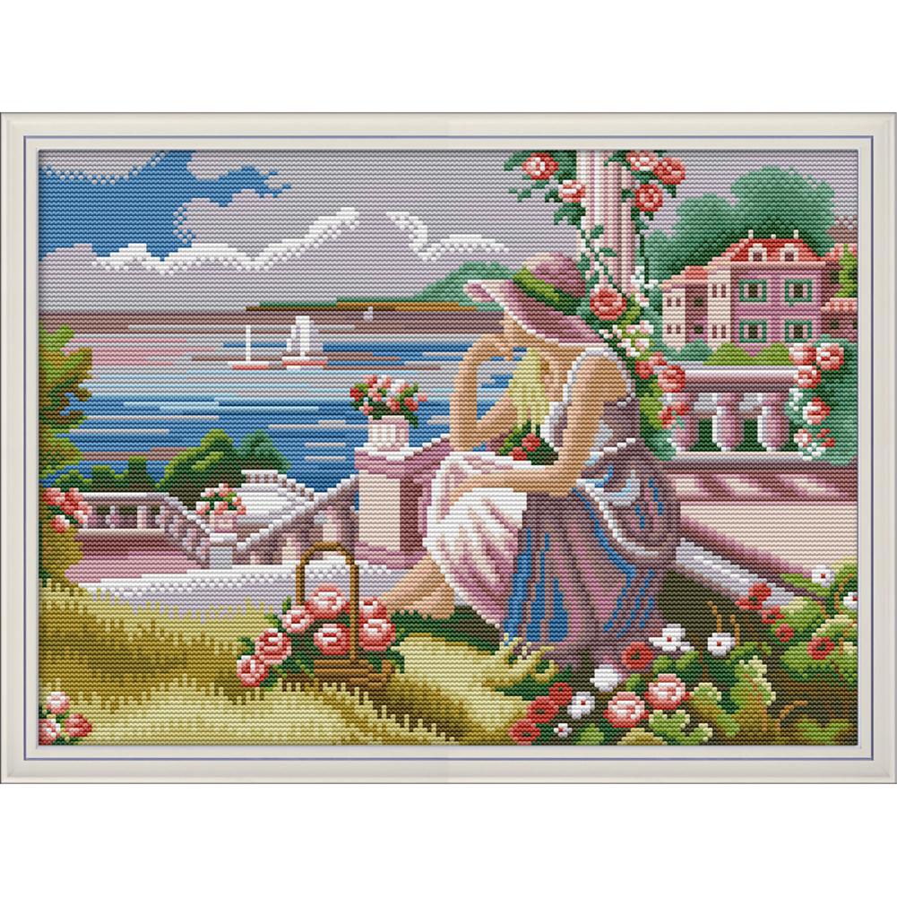 

Girl Looking At The Sea - 14CT Stamped Cross Stitch - 41*31cm, 501 Original