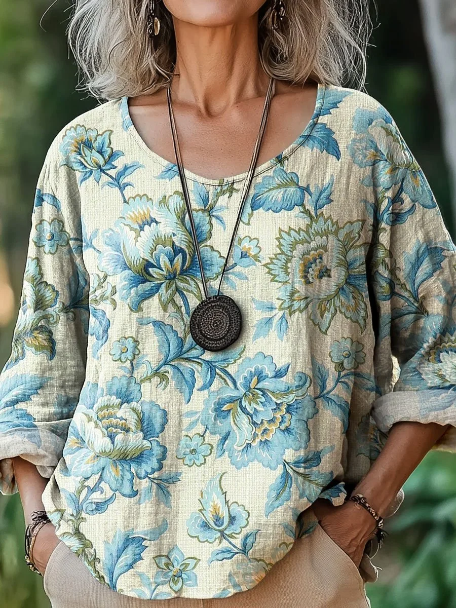 Women's Vintage Floral Art Print Casual Cotton And Linen Shirt