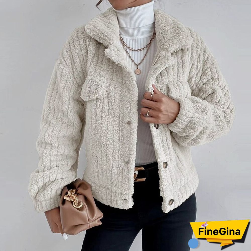 Women Elegant Fuzzy Coat Autumn Casual Long Sleeve Solid Outerwear Winter Fashion Lapel Single Breasted Loose Jackets Tops